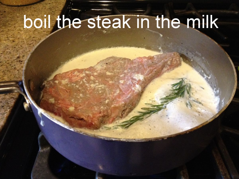 Milk steak boiled over hard